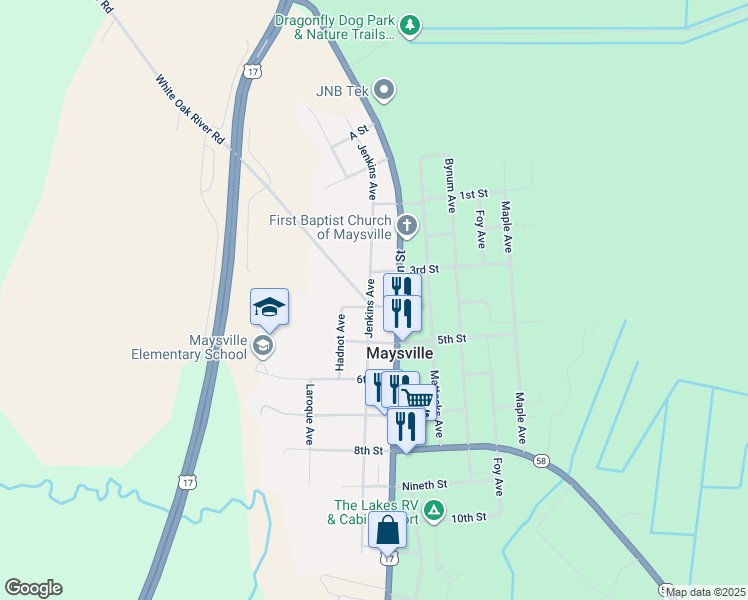 map of restaurants, bars, coffee shops, grocery stores, and more near 602 4th Street in Maysville