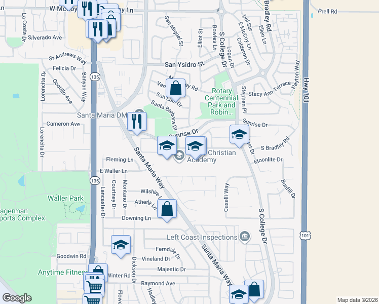 map of restaurants, bars, coffee shops, grocery stores, and more near 738 Blue Ridge Drive in Santa Maria