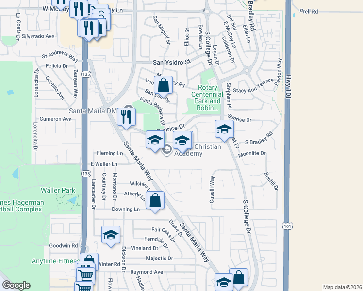 map of restaurants, bars, coffee shops, grocery stores, and more near 738 Blue Ridge Drive in Santa Maria