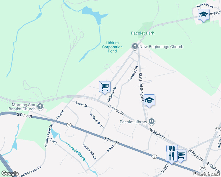 map of restaurants, bars, coffee shops, grocery stores, and more near 210 State Road S-42-3488 in Pacolet