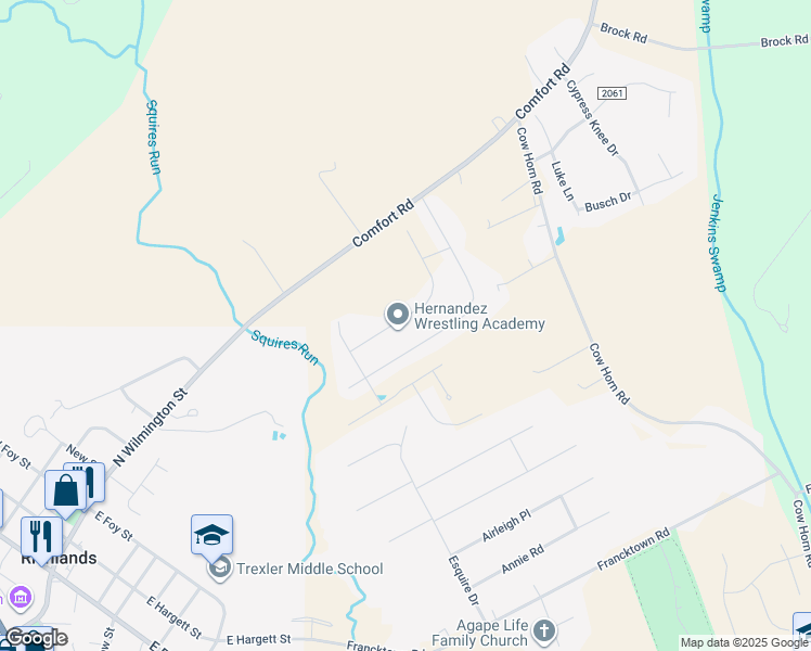 map of restaurants, bars, coffee shops, grocery stores, and more near 112 Pembury Way in Richlands