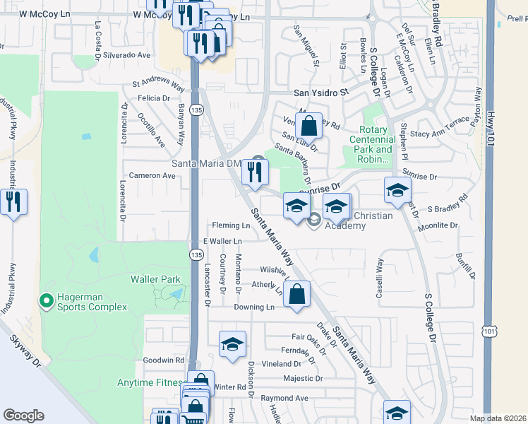 map of restaurants, bars, coffee shops, grocery stores, and more near 610 Sunrise Drive in Santa Maria