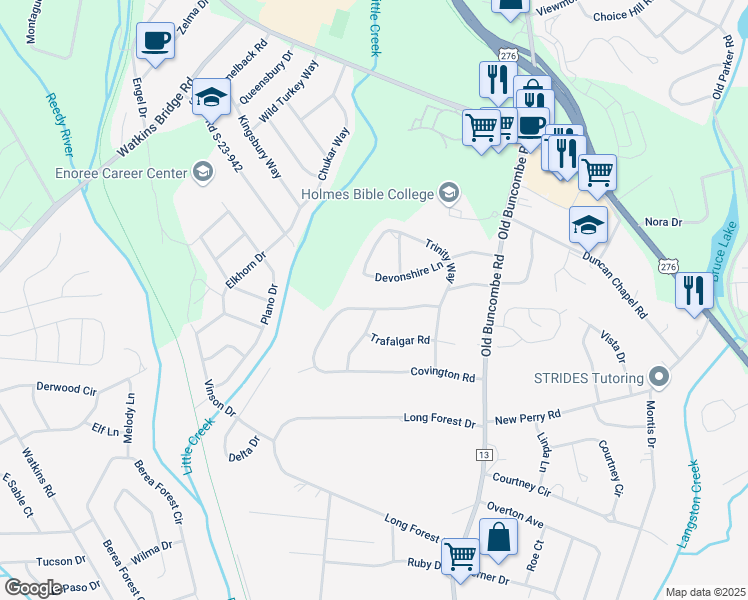 map of restaurants, bars, coffee shops, grocery stores, and more near 300 Covington Road in Greenville