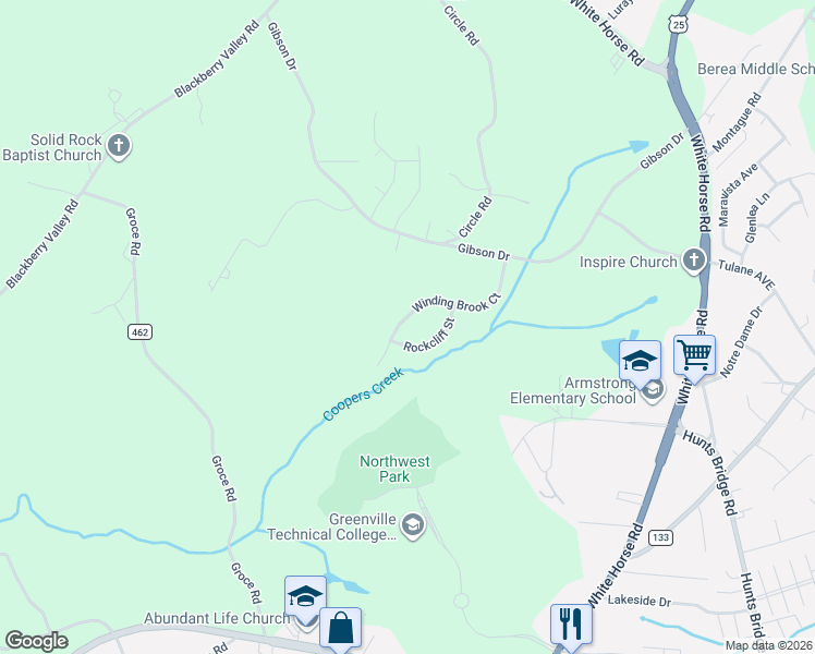 map of restaurants, bars, coffee shops, grocery stores, and more near 426 Winding Brook Court in Greenville