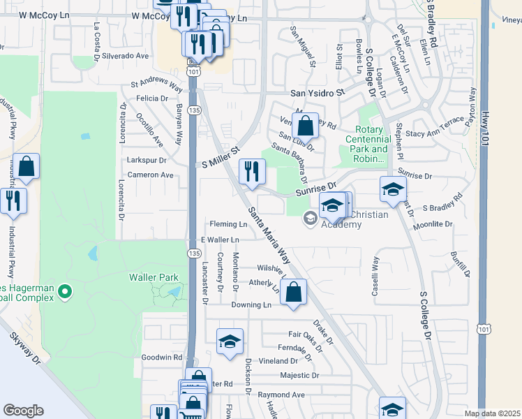 map of restaurants, bars, coffee shops, grocery stores, and more near 357 Fleming Lane in Santa Maria