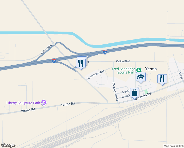 map of restaurants, bars, coffee shops, grocery stores, and more near 37912 Grandview Avenue in Yermo