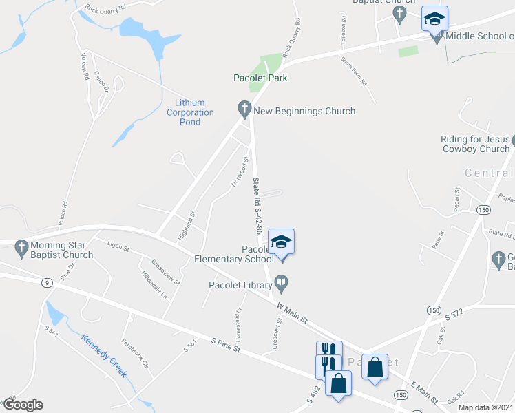 map of restaurants, bars, coffee shops, grocery stores, and more near 252 State Road S-42-86 in Pacolet