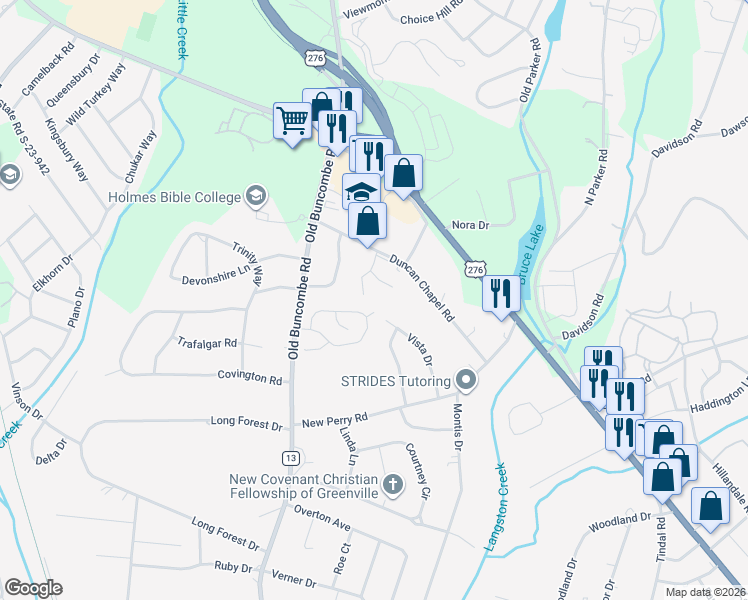 map of restaurants, bars, coffee shops, grocery stores, and more near 219 Redspire Drive in Greenville