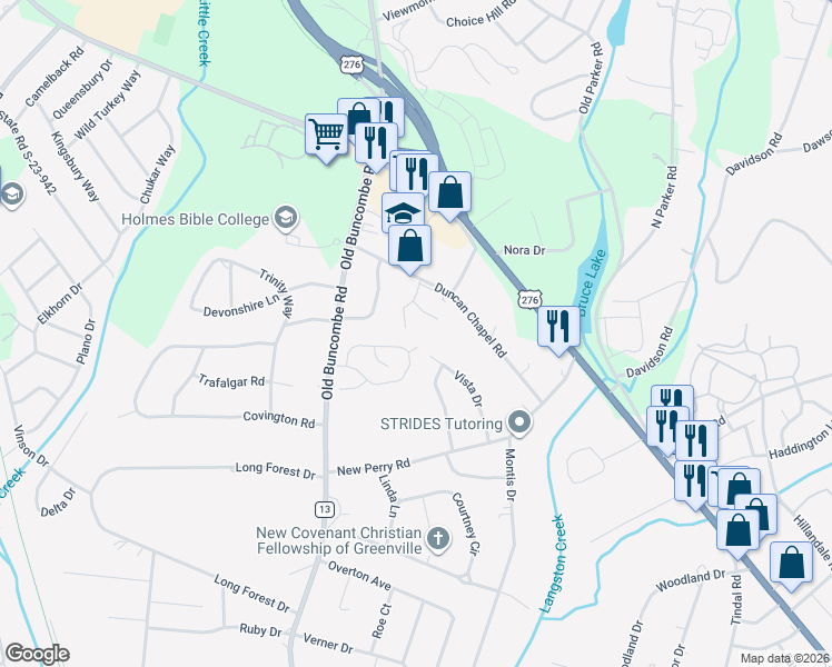 map of restaurants, bars, coffee shops, grocery stores, and more near 219 Redspire Drive in Greenville