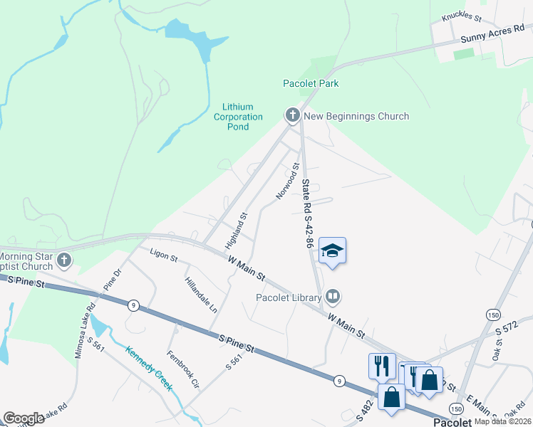 map of restaurants, bars, coffee shops, grocery stores, and more near 250 Norwood Street in Pacolet