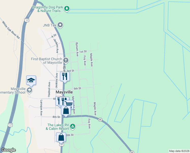 map of restaurants, bars, coffee shops, grocery stores, and more near 407 Maple Avenue in Maysville