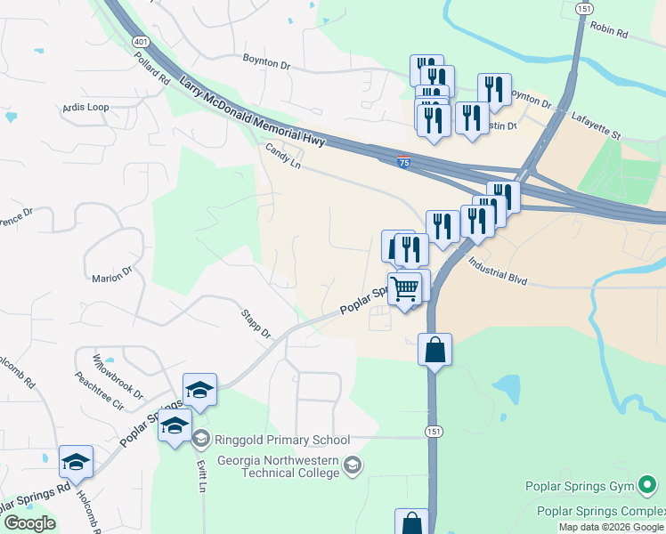 map of restaurants, bars, coffee shops, grocery stores, and more near 68 Leroy Lane in Ringgold