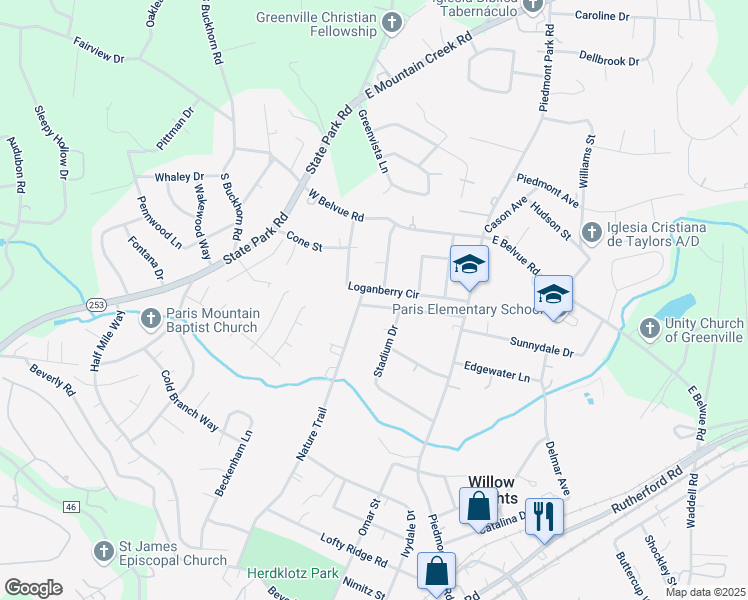 map of restaurants, bars, coffee shops, grocery stores, and more near 105 Rosewood Way in Greenville