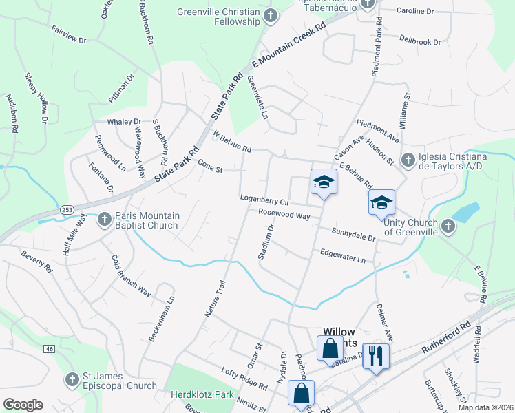 map of restaurants, bars, coffee shops, grocery stores, and more near 105 Rosewood Way in Greenville