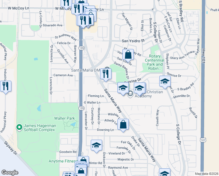 map of restaurants, bars, coffee shops, grocery stores, and more near 357 Fleming Lane in Santa Maria