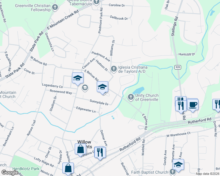 map of restaurants, bars, coffee shops, grocery stores, and more near 209 Sunnydale Drive in Greenville