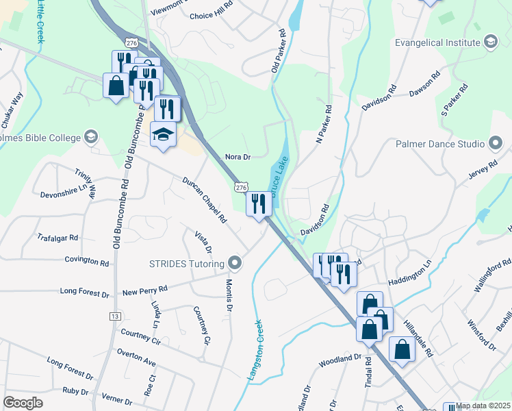 map of restaurants, bars, coffee shops, grocery stores, and more near Poinsett Highway in Greenville