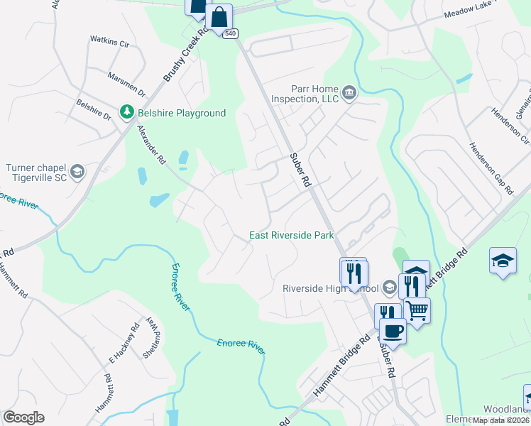 map of restaurants, bars, coffee shops, grocery stores, and more near 209 Kylemore Lane in Greer