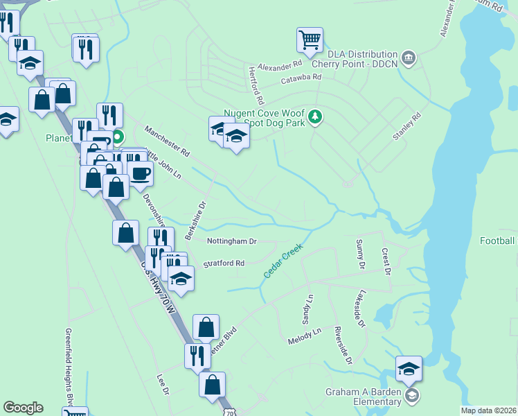 map of restaurants, bars, coffee shops, grocery stores, and more near 220 Cambridge Court in Havelock