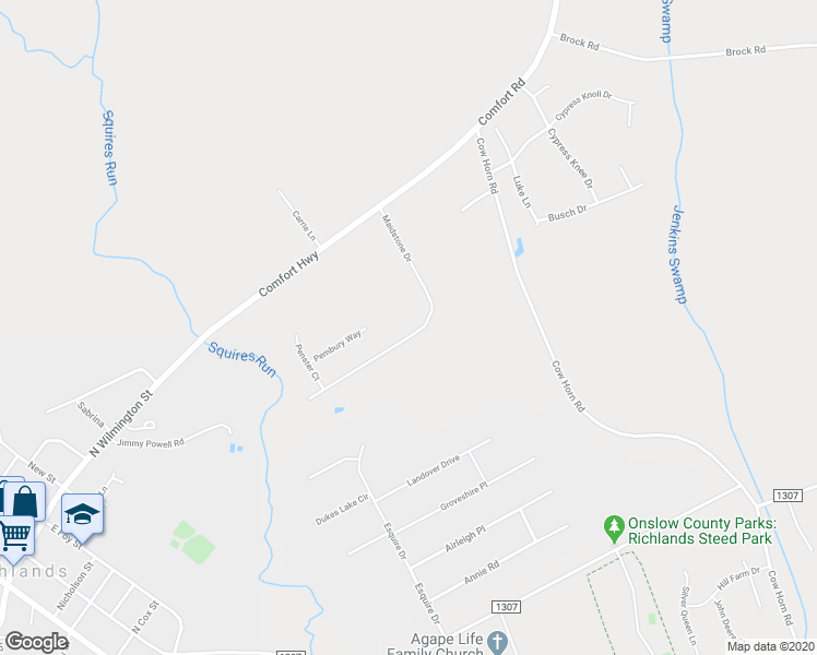 map of restaurants, bars, coffee shops, grocery stores, and more near 216 Maidstone Drive in Richlands
