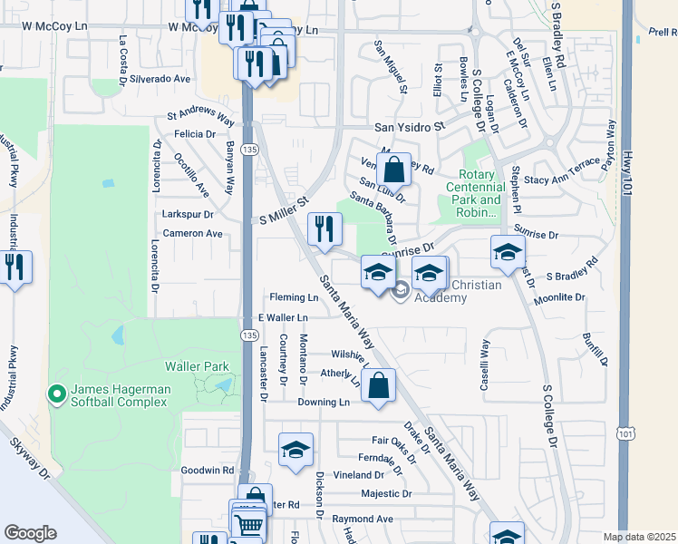 map of restaurants, bars, coffee shops, grocery stores, and more near 357 Fleming Lane in Santa Maria