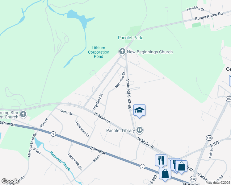 map of restaurants, bars, coffee shops, grocery stores, and more near 250 Norwood Street in Pacolet