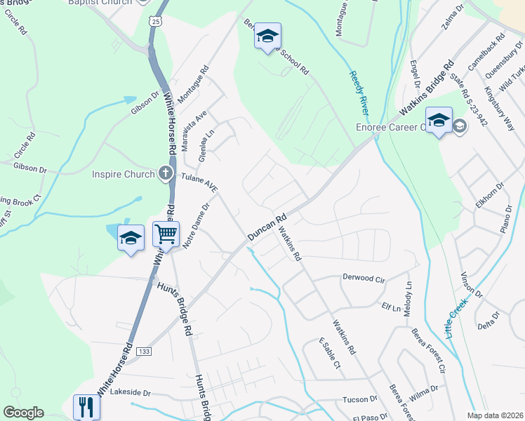 map of restaurants, bars, coffee shops, grocery stores, and more near 307 Duncan Road in Greenville
