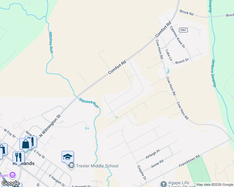 map of restaurants, bars, coffee shops, grocery stores, and more near 112 Pembury Way in Richlands