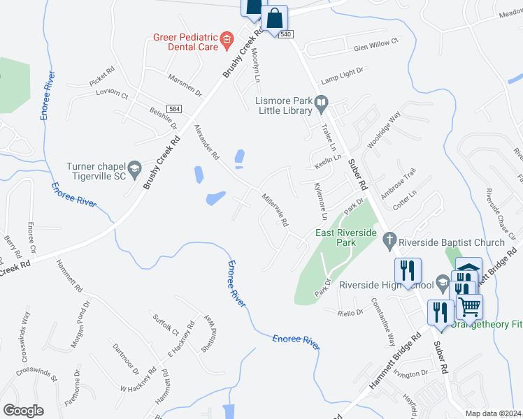 map of restaurants, bars, coffee shops, grocery stores, and more near 8 Parkwalk Drive in Greer