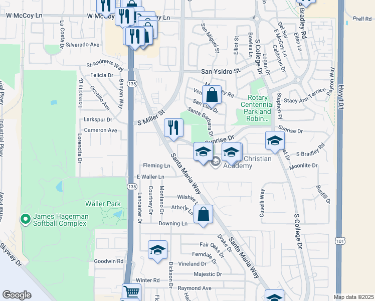 map of restaurants, bars, coffee shops, grocery stores, and more near 610 Sunrise Drive in Santa Maria