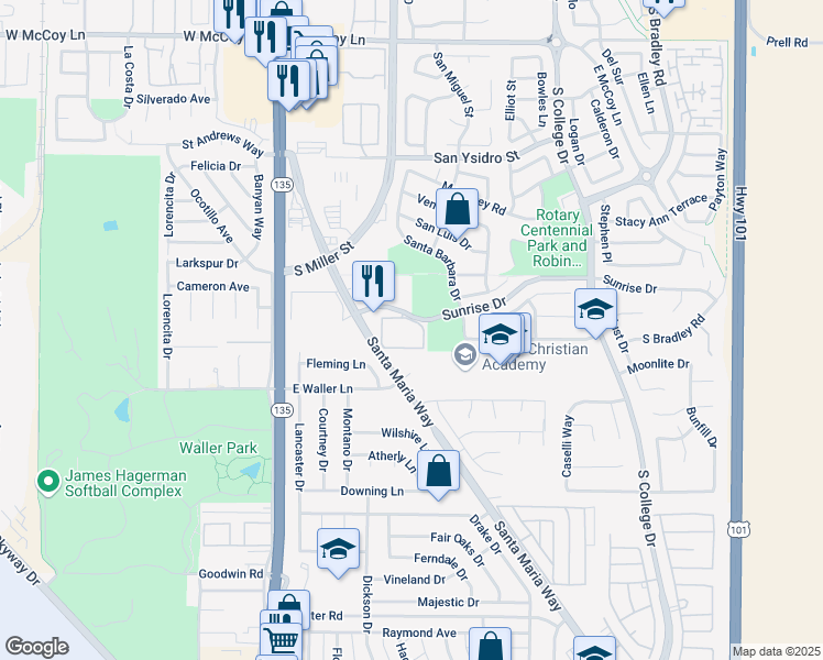 map of restaurants, bars, coffee shops, grocery stores, and more near 615 Sunrise Drive in Santa Maria