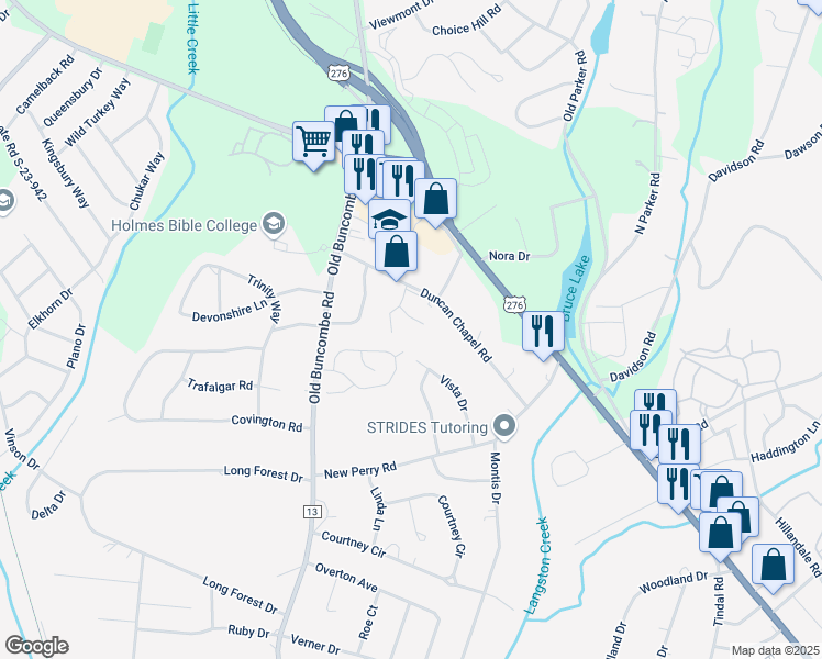 map of restaurants, bars, coffee shops, grocery stores, and more near 201 Duncan Chapel Road in Greenville