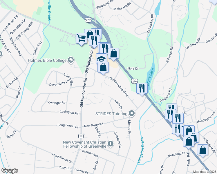 map of restaurants, bars, coffee shops, grocery stores, and more near 201 Duncan Chapel Road in Greenville