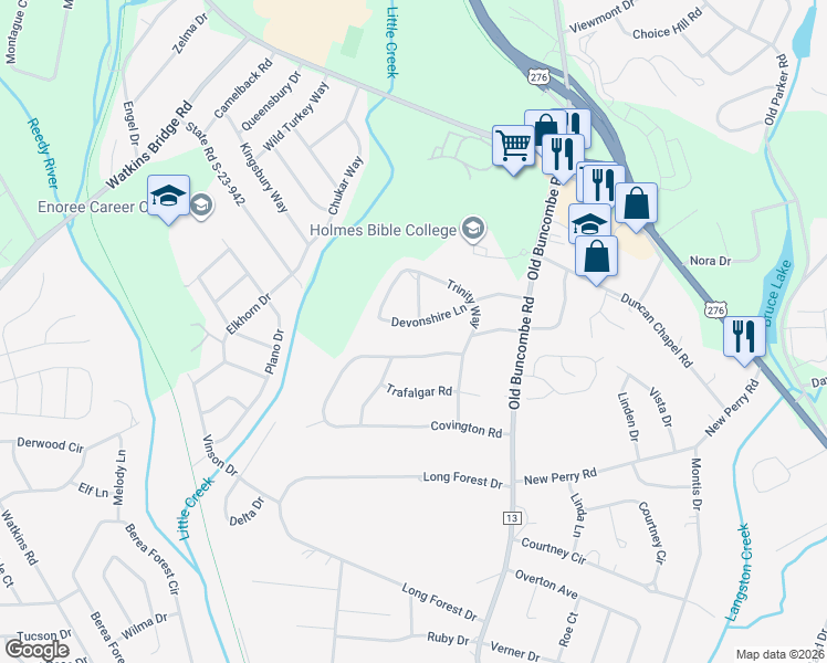 map of restaurants, bars, coffee shops, grocery stores, and more near 204 Devonshire Lane in Greenville