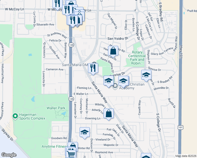 map of restaurants, bars, coffee shops, grocery stores, and more near 610 Sunrise Drive in Santa Maria