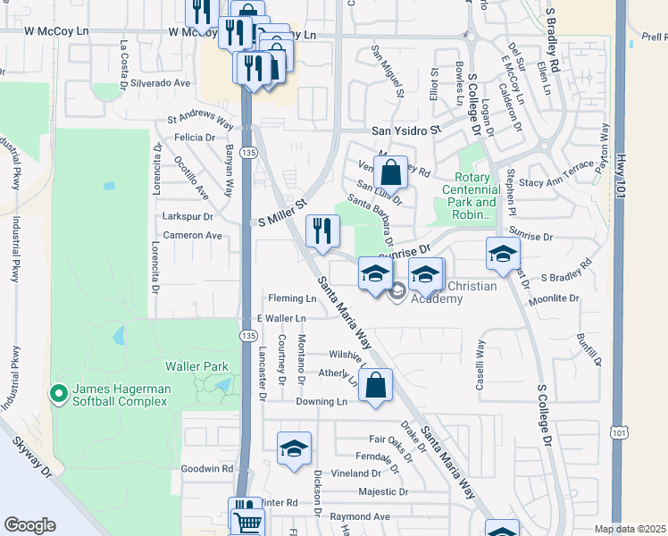 map of restaurants, bars, coffee shops, grocery stores, and more near 610 Sunrise Drive in Santa Maria