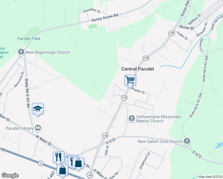 map of restaurants, bars, coffee shops, grocery stores, and more near 70 Pecan Street in Pacolet