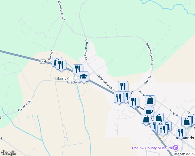 map of restaurants, bars, coffee shops, grocery stores, and more near 148 Huffmantown Road in Richlands