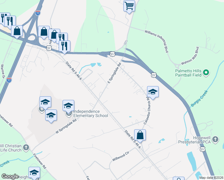 map of restaurants, bars, coffee shops, grocery stores, and more near 168 East Springdale Road in Rock Hill