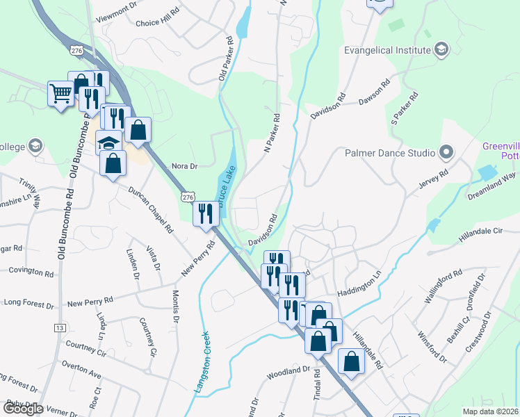 map of restaurants, bars, coffee shops, grocery stores, and more near 1417 North Parker Road in Greenville