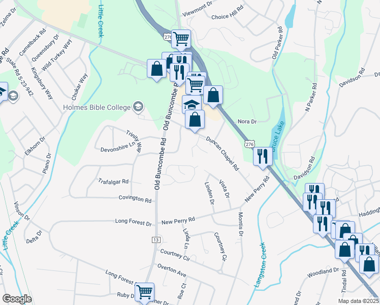 map of restaurants, bars, coffee shops, grocery stores, and more near 16 Duncan Chapel Road in Greenville