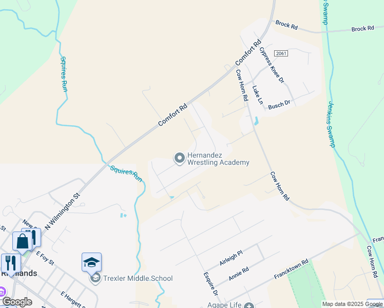 map of restaurants, bars, coffee shops, grocery stores, and more near 119 Pembury Way in Richlands