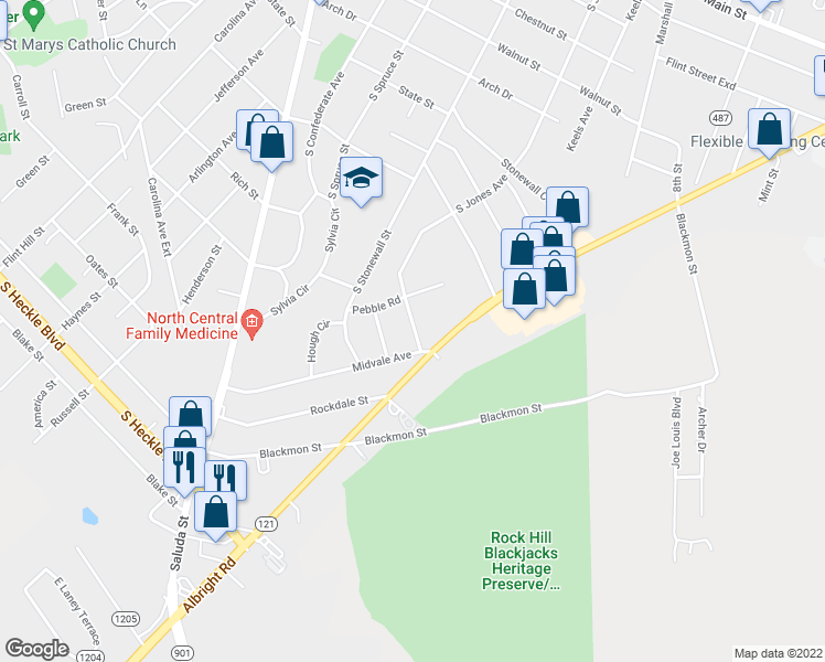 map of restaurants, bars, coffee shops, grocery stores, and more near 1048 South Jones Avenue Extension in Rock Hill