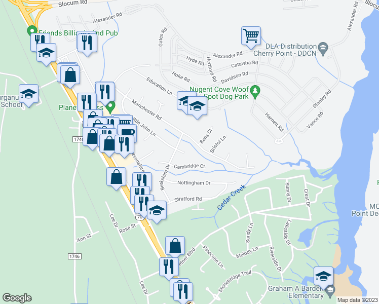 map of restaurants, bars, coffee shops, grocery stores, and more near 206 Little John Lane in Havelock