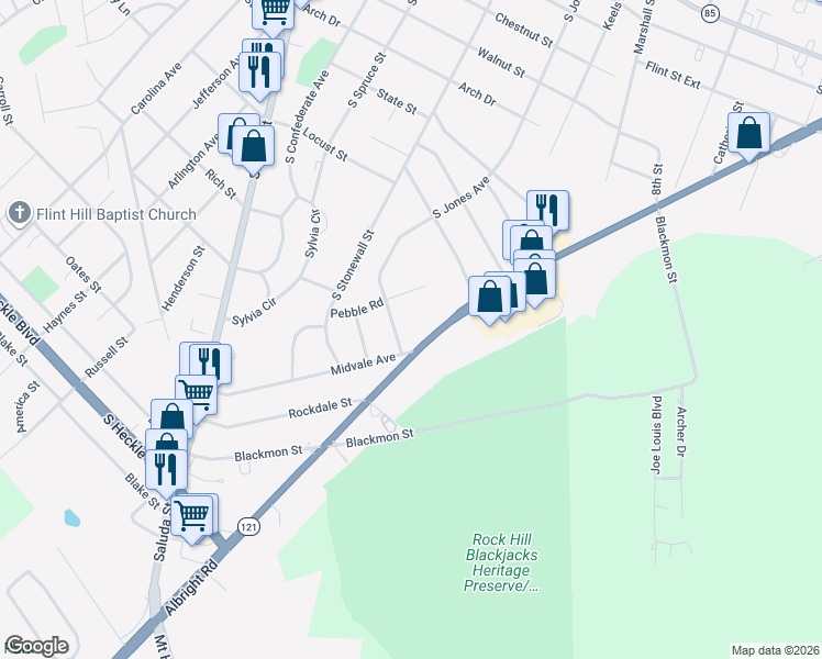 map of restaurants, bars, coffee shops, grocery stores, and more near 926 Albright Road in Rock Hill