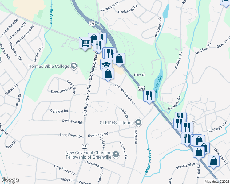 map of restaurants, bars, coffee shops, grocery stores, and more near 215 Duncan Chapel Road in Greenville