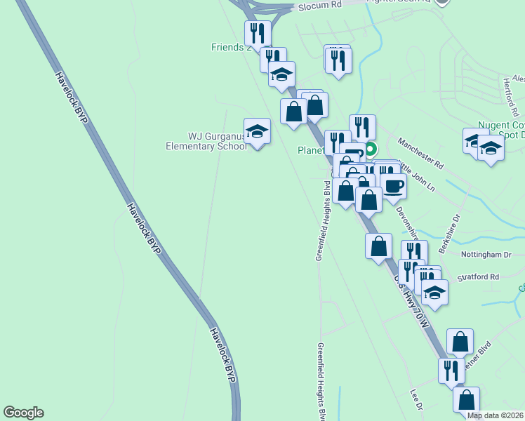 map of restaurants, bars, coffee shops, grocery stores, and more near 535 U.S. 70 in Havelock