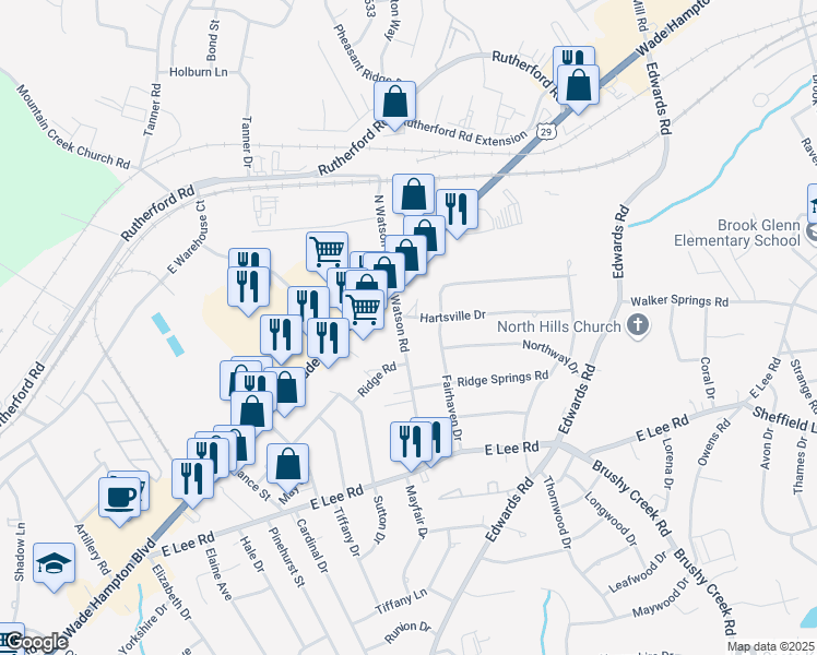map of restaurants, bars, coffee shops, grocery stores, and more near 2 Hartsville Drive in Taylors