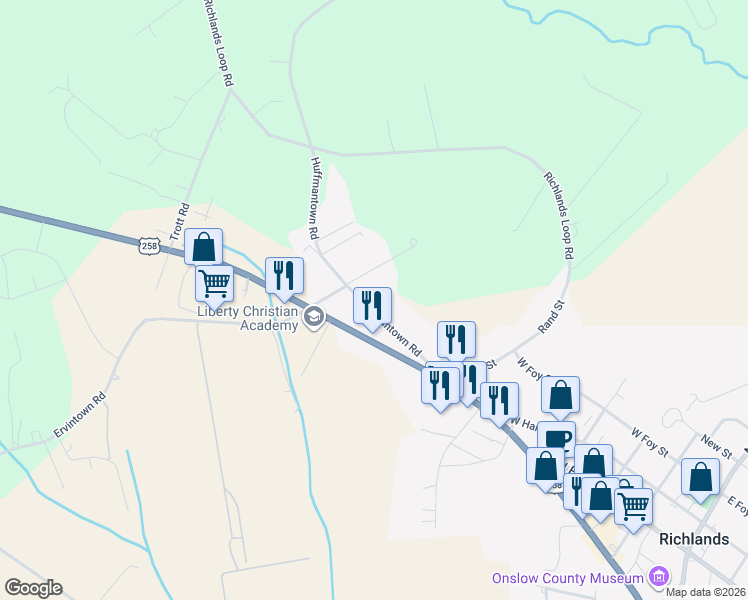 map of restaurants, bars, coffee shops, grocery stores, and more near 148 Huffmantown Road in Richlands