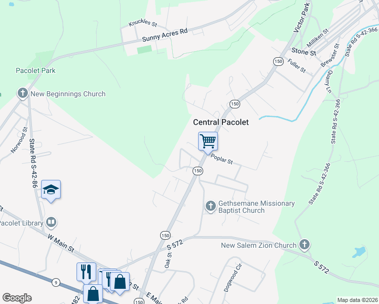 map of restaurants, bars, coffee shops, grocery stores, and more near 70 Pecan Street in Pacolet